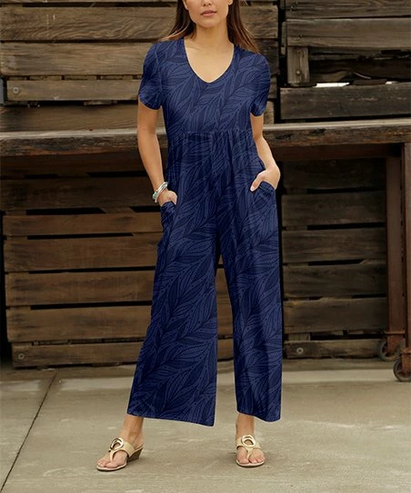 Wholesale ๐ Bon Apple Tea Navy Multicolor Leaf Empire-Waist Wide-Leg Pocket Jumpsuit - ๐ฉ Women & Plus ๐งจ