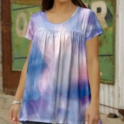 Best deal 🎁 Bon Apple Tea Blue & Pink Watercolor Short-Sleeve Babydoll Top - Plus ⌛