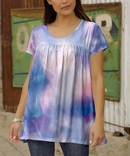 Best deal π Bon Apple Tea Blue & Pink Watercolor Short-Sleeve Babydoll Top - Plus β