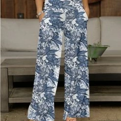 Buy 🔥 Bon Apple Tea Blue & White Floral Pocket Wide-Leg Pants - 👩 Women 😉