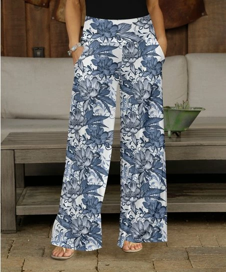 Buy 🔥 Bon Apple Tea Blue & White Floral Pocket Wide-Leg Pants - 👩 Women 😉 1 Buy 🔥 Bon Apple Tea Blue & White Floral Pocket Wide-Leg Pants - 👩 Women 😉