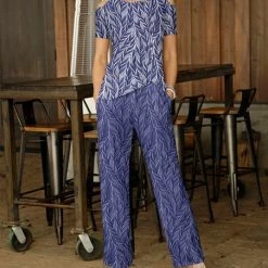 Coupon 🎉 Bon Apple Tea Blue & White Leaf Cutout-Shoulder Top & Pocket Pants - 👩 Women & Plus ❤️