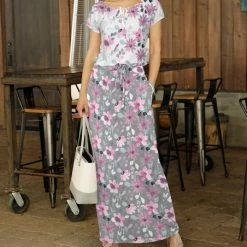 Best deal 🎉 Bon Apple Tea White Floral Peasant Top & Gray Floral Drawstring Pocket Maxi 👗 Skirt - Plus 🌟