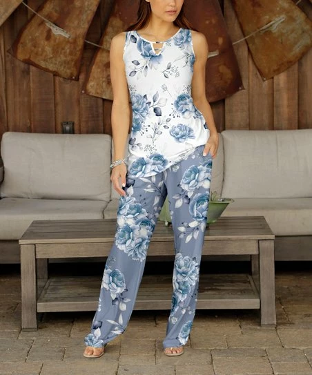 Best deal 👏 Bon Apple Tea Lavender & White Floral Sleeveless Top & Pocket Straight-Leg Pants - 👩 Women ❤️