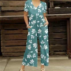 Top 10 🎉 Bon Apple Tea Mint & White Floral Pocket Empire-Waist Wide-Leg Jumpsuit - Plus 🥰