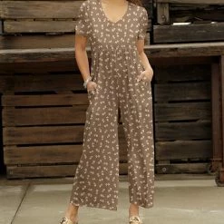 Best deal 🤩 Bon Apple Tea Taupe & Beige Floral Pocket Empire-Waist Wide-Leg Jumpsuit - 👩 Women 😉