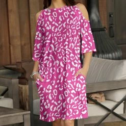 Coupon 😀 Bon Apple Tea Fuchsia & White Leopard Cold-Shoulder Pocket 👗 Dress - Plus ✨