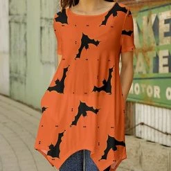 Discount 🌟 Bon Apple Tea Orange & Black Bat Pocket Handkerchief Tunic - 👩 Women 💯