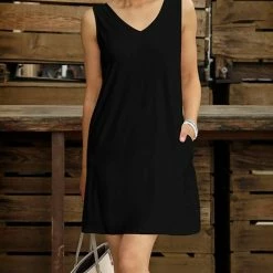 Cheap 🤩 Bon Apple Tea Black Pocket Sleeveless V-Neck 👗 Dress - 👩 Women 🎉