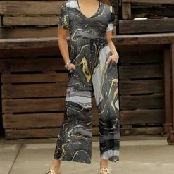 Top 10 🎁 Bon Apple Tea Black & Gray Marbled Pocket Wide-Leg Empire-Waist Jumpsuit - 👩 Women & Plus 😍