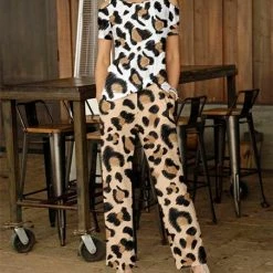 Hot Sale ❤️ Bon Apple Tea Black Leopard Cold-Shoulder Tee & Beige Leopard Pocket Lounge Pants - 👩 Women & Plus 🥰