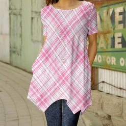 Deals 🛒 Bon Apple Tea Pink & White Plaid Pocket Handkerchief Tunic - Plus ⌛