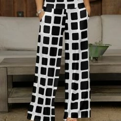 Wholesale 💯 Bon Apple Tea Black & White Geometric Wide-Leg Pants - 👩 Women & Plus 🔥