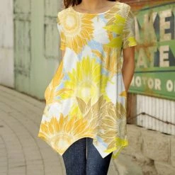 Outlet 👍 Bon Apple Tea Yellow & White Sunflower Handkerchief-Hem Pocket Tunic - Plus 🧨