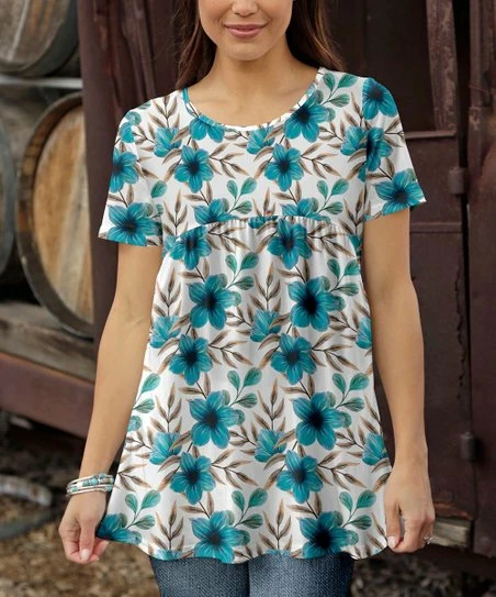 Flash Sale 👍 Bon Apple Tea Turquoise & White Floral Empire Top - 👩 Women ✨