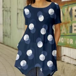 Hot Sale 🎁 Bon Apple Tea Navy & White Circles Short-Sleeve Handkerchief Tunic - 👩 Women ⌛