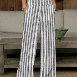 Wholesale ✔️ Bon Apple Tea Gray & White Stripe Wide-Leg Pocket Pants - 👩 Women & Plus 👏