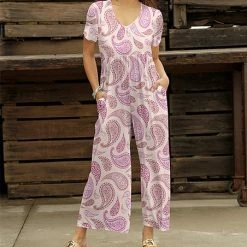 Outlet 👍 Bon Apple Tea Lilac & Pink Paisley Empire-Waist Wide-Leg Jumpsuit - 👩 Women & Plus 🥰