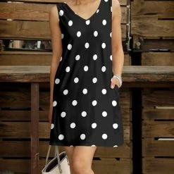 Outlet 🎁 Bon Apple Tea Black & White Polka Dot Pocket Sleeveless V-Neck 👗 Dress - 👩 Women & Plus ⌛