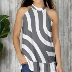 Wholesale 🤩 Bon Apple Tea Gray & White Stripe Ruffle-Hem Halter Tank - 👩 Women 🤩