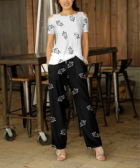 Buy β Bon Apple Tea White Leaf Sprig Cutout Top & Black Pocket Pants - π© Women π₯ 1 Buy β Bon Apple Tea White Leaf Sprig Cutout Top & Black Pocket Pants - π© Women π₯