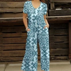 Hot Sale 😉 Bon Apple Tea Turquoise & Mint Arabesque Empire-Waist Wide-Leg Jumpsuit - Plus 😀