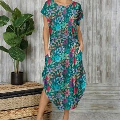 Discount ⌛ Bon Apple Tea Teal & Lavender Floral Pocket Curved-Hem Cap-Sleeve Midi 👗 Dress - 👩 Women 👏