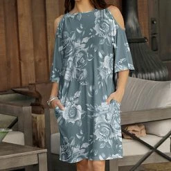Flash Sale 👍 Bon Apple Tea Blue & White Floral Pocket Cold-Shoulder 👗 Dress - 👩 Women ✨