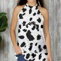 Buy 🧨 Bon Apple Tea Black & White Abstract Ruffle-Hem Halter Tunic - 👩 Women 🌟
