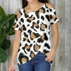 Budget 🥰 Bon Apple Tea Black & Beige Leopard Cold-Shoulder Top - 👩 Women 🎉