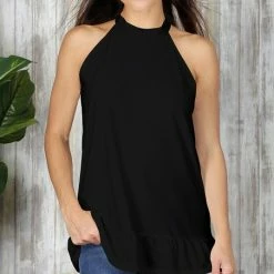 Best deal ⭐ Bon Apple Tea Black Ruffle-Hem Halter Tunic - 👩 Women 😍