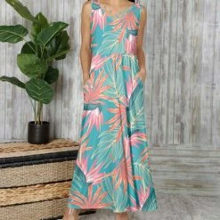 Buy 🎉 Bon Apple Tea Turquoise & Pink Palm Crisscross-Accent Sleeveless Maxi 👗 Dress - Plus ⭐
