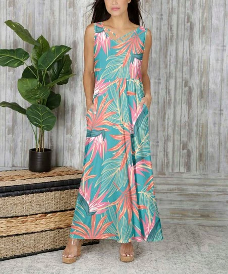 Buy π Bon Apple Tea Turquoise & Pink Palm Crisscross-Accent Sleeveless Maxi π Dress - Plus β 1 Buy π Bon Apple Tea Turquoise & Pink Palm Crisscross-Accent Sleeveless Maxi π Dress - Plus β