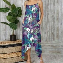 Brand new 🎁 Bon Apple Tea Purple & Green Tropical Pocket Handkerchief Maxi 👗 Dress - 👩 Women 🎁