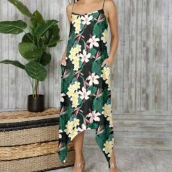 Budget ❤️ Bon Apple Tea Black & Green Tropical Pocket Handkerchief Maxi 👗 Dress - 👩 Women ✔️