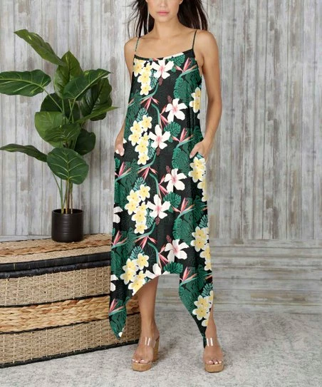 Budget β€οΈ Bon Apple Tea Black & Green Tropical Pocket Handkerchief Maxi π Dress - π© Women βοΈ 1 Budget β€οΈ Bon Apple Tea Black & Green Tropical Pocket Handkerchief Maxi π Dress - π© Women βοΈ