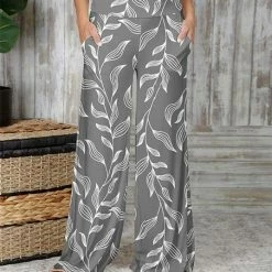 Flash Sale 🎉 Bon Apple Tea Gray & White Botanical High-Waist Palazzo Pants - 👩 Women 😀