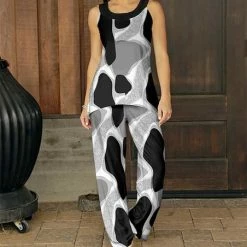Coupon ❤️ Bon Apple Tea Gray & Black Abstract Yoke Tank & Palazzo Pants - 👩 Women & Plus 🧨