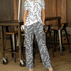 Budget 🛒 Bon Apple Tea White & Gray Leaf Shoulder-Cutout Top & Straight-Leg Pants - 👩 Women 🔥