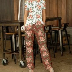 Best Pirce 🧨 Bon Apple Tea Rose & White Floral Shoulder-Cutout Top & Straight-Leg Pants - 👩 Women 🤩