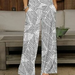 Coupon 👏 Bon Apple Tea Gray & White Leaf Pocket Wide-Leg Pants - 👩 Women & Plus 🔥