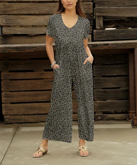Brand new π Bon Apple Tea Gray & Black Leopard Pocket Wide-Leg Jumpsuit - π© Women π 1 Brand new π Bon Apple Tea Gray & Black Leopard Pocket Wide-Leg Jumpsuit - π© Women π