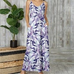 Brand new 🧨 Bon Apple Tea White & Purple Foliage Pocket Sleeveless Maxi 👗 Dress - Plus 🛒