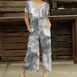 Best reviews of 🎁 Bon Apple Tea Gray & White Abstract Pocket Empire-Waist Wide-Leg Jumpsuit - Plus 🎉