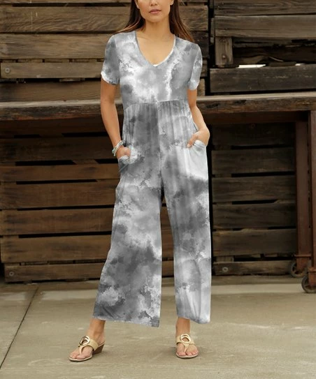 Best reviews of π Bon Apple Tea Gray & White Abstract Pocket Empire-Waist Wide-Leg Jumpsuit - Plus π