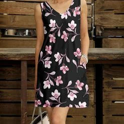 Outlet 💯 Bon Apple Tea Black & Pink Floral Pocket Sleeveless V-Neck Shift 👗 Dress - 👩 Women 🧨