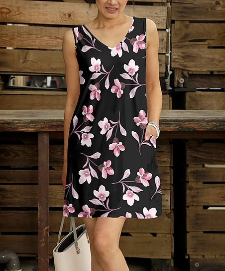 Outlet π― Bon Apple Tea Black & Pink Floral Pocket Sleeveless V-Neck Shift π Dress - π© Women 𧨠1 Outlet π― Bon Apple Tea Black & Pink Floral Pocket Sleeveless V-Neck Shift π Dress - π© Women π§¨