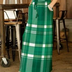 Buy 🥰 Bon Apple Tea Green & White Plaid Drawstring Pocket Maxi 👗 Skirt - 👩 Women ❤️