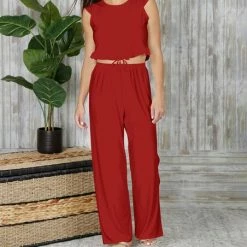 Budget 🤩 Bon Apple Tea Red Cap-Sleeve Crop Top & Wide-Leg Pants - 👩 Women 👏