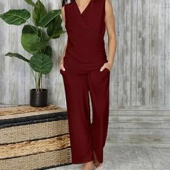 Best reviews of 😍 Bon Apple Tea Burgundy Sleeveless Surplice Top & Pocket Pants - 👩 Women & Plus 🥰